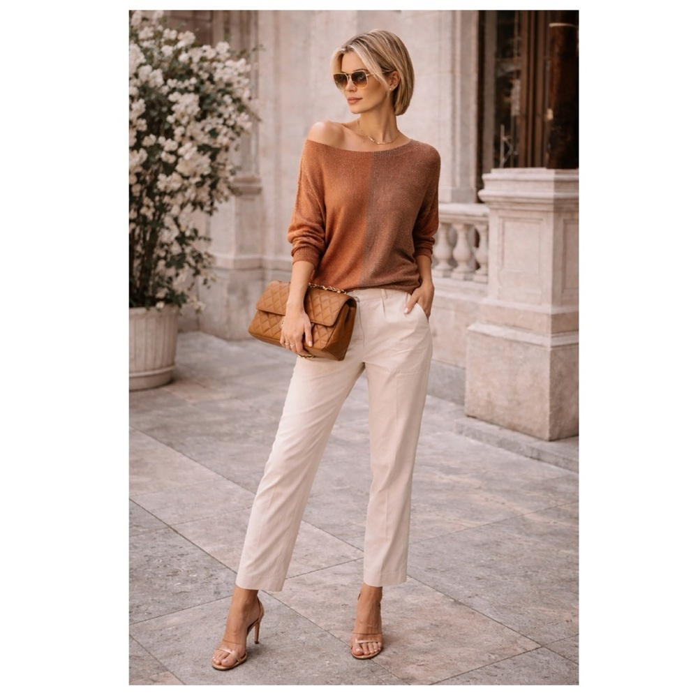 GIGI MODA $141 Argento Dual Toned Sweater Rust Brown Metallic Thread Italy Made - Picture 4 of 16